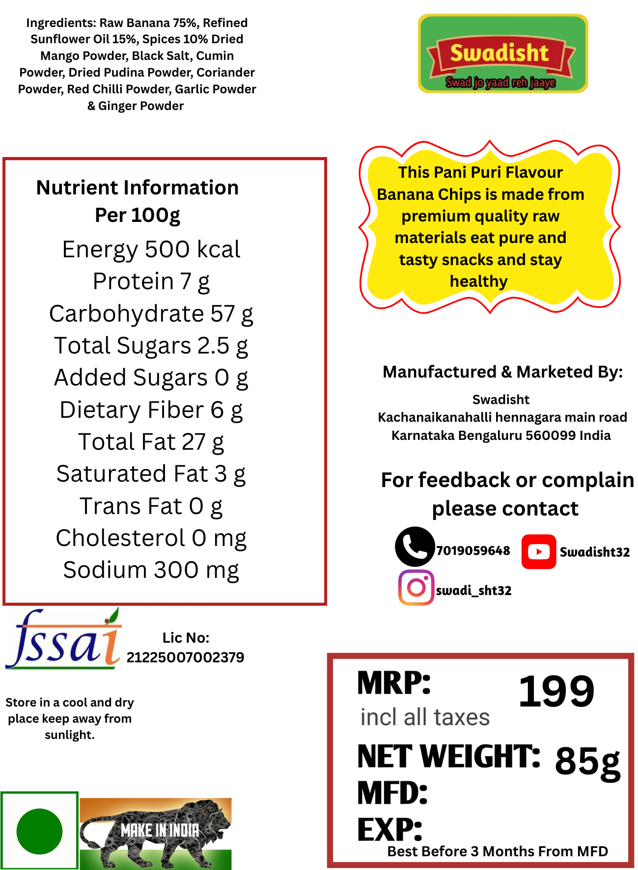 Healthy Banana Chips Pani Puri Flavour 85g